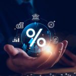 Interest rate and dividend concept. Businessman with percentage symbol and up arrow, Interest rates continue to increase, return on stocks and mutual funds, long term investment for retirement.