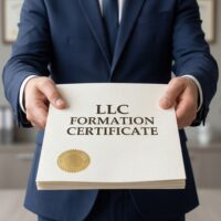 A person in a suit holds an "LLC Formation Certificate" in an office. The certificate has a gold seal. Background features framed certificates and a plant, conveying professionalism.